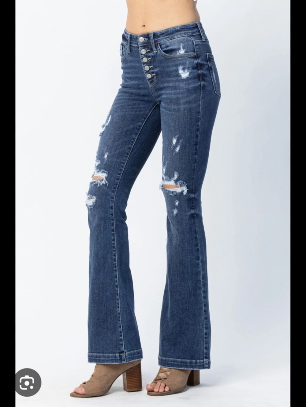 Judy Blue‎ Trouser Flare Medium Wash Distressed High-Rise Flare Jeans